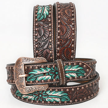 BAR H EQUINE Natural Floral Hand Painted Western Fashion Premium Leather Men And Women Belt Brown
